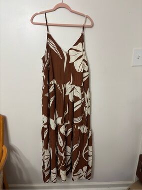 a new day Brown and Cream Botanical Midi Dress with Spaghetti Straps